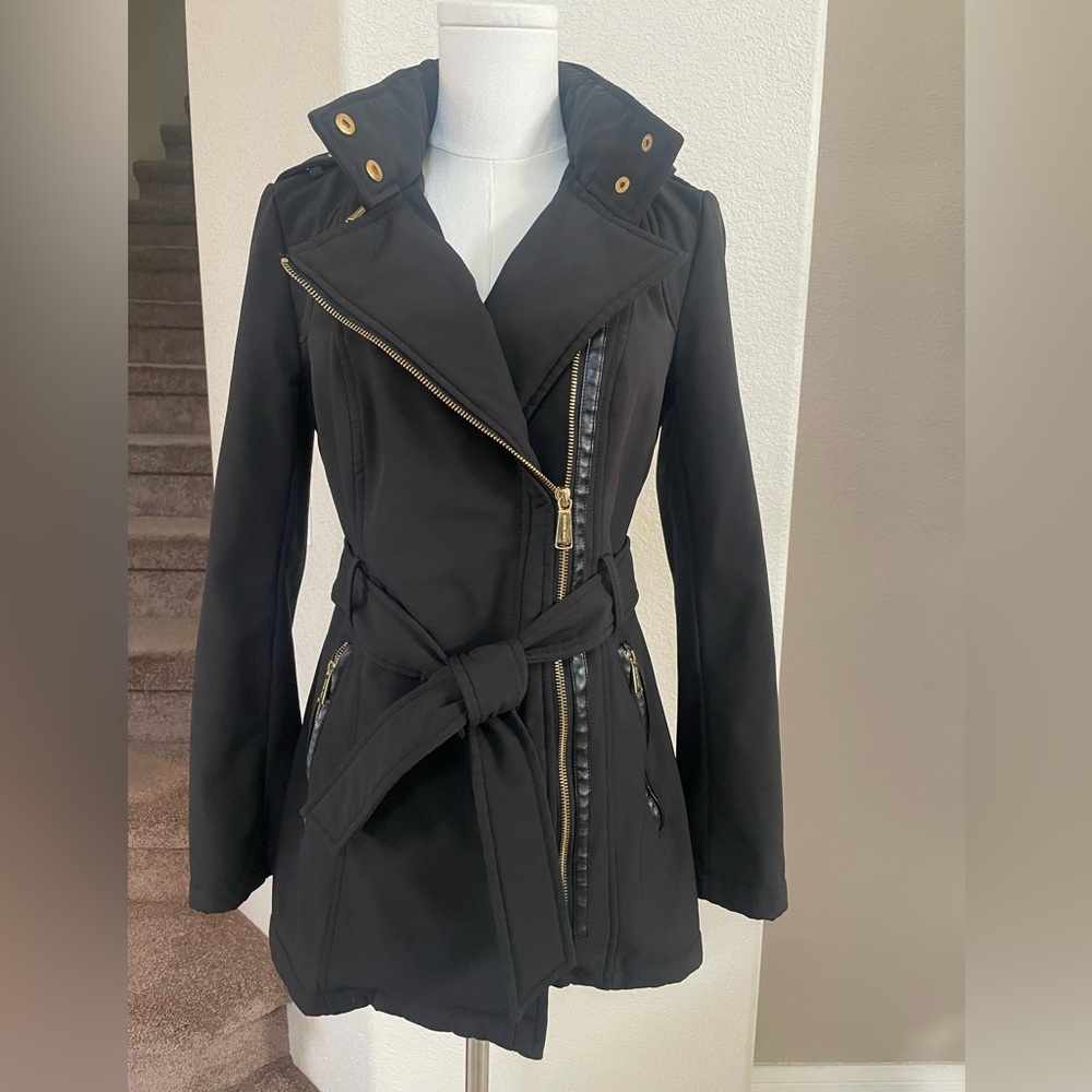 Michael Kors Belted Softshell Moto Coat Black XS Hidden Hood - Picture 2 of 16